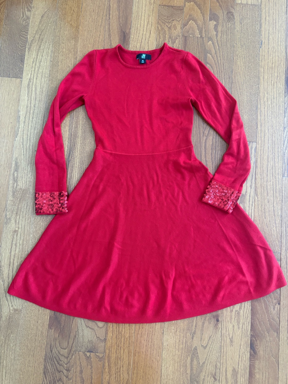 Jason Wu Red Long-Sleeve Fit and Flare Sweater Dress with Sequin Cuffs